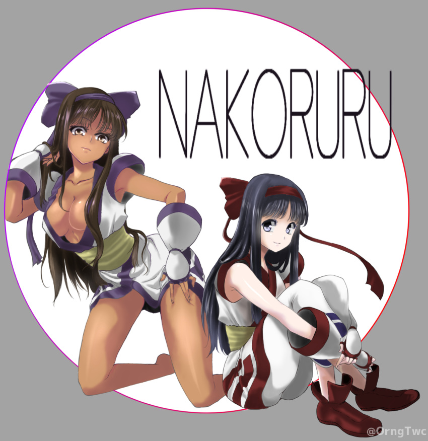 2girls, ainu_clothes, ankle_boots, black_hair, blue_eyes, boots, bow, breasts