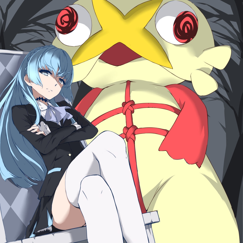 1girl, blazer, blue_eyes, blue_hair, crossed_arms, danny1128, from_below, frown