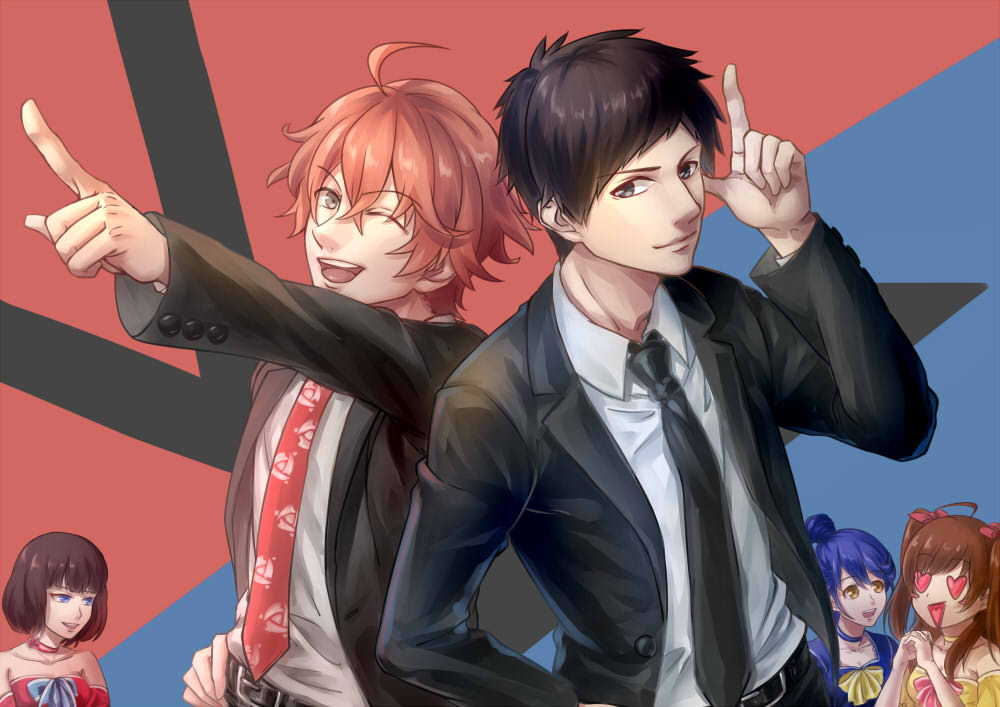 2boys, 3girls, ahoge, bare_shoulders, belt, black_eyes, black_necktie, blue_eyes