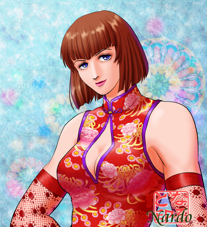 1girl, anna_williams, bangs, bare_shoulders, blue_eyes, bob_cut, breasts, brown_hair, china_dress, chinese_clothes, cleavage, cleavage_cutout, dress, elbow_gloves, eyebrows, gloves, lipstick, makeup, nardo, red_dress, short_hair, signature, solo, tekken