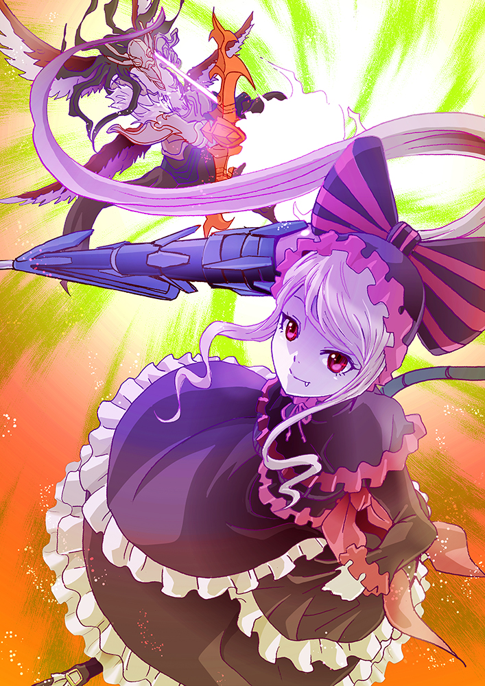 1boy, 1girl, bird, black_hair, bow, dress, fang, frills