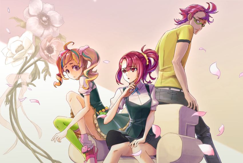 1boy, 2girls, ahoge, asymmetrical_hair, asymmetrical_legwear, commentary, couch, flower