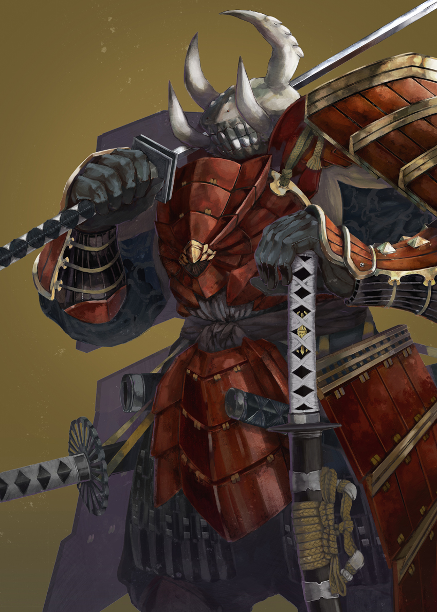 1boy, armor, artist_request, brown_background, horns, japanese_armor, katana, monster