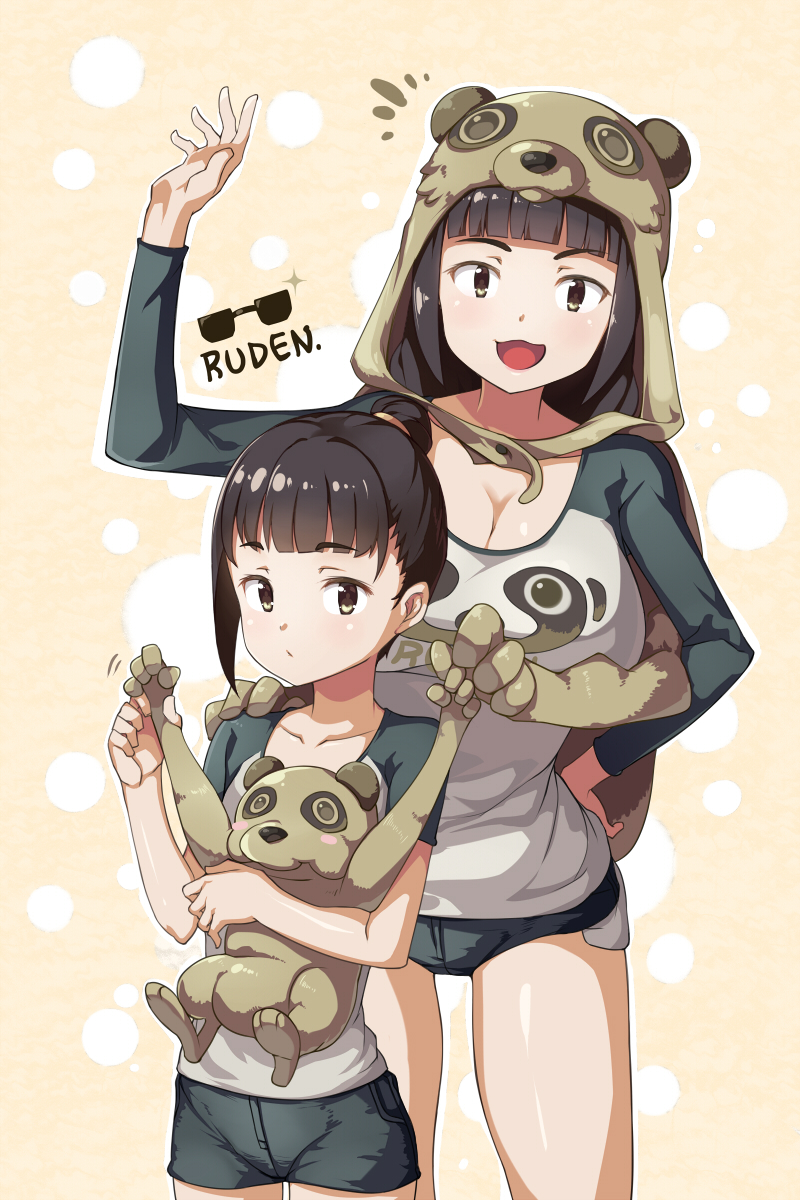 2girls, :3, age_difference, animal_hood, bangs, bear, bear_hood, black_hair