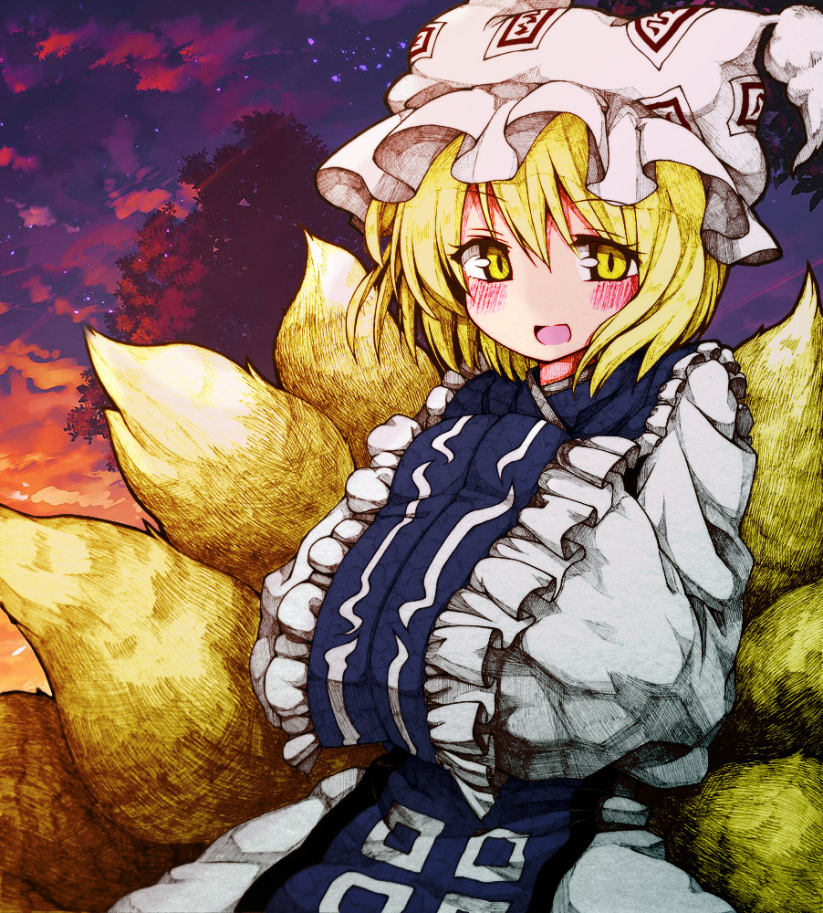 1girl, animal_ears, blonde_hair, blush, dress, fox_ears, fox_tail, hands_in_sleeves, hat, long_sleeves, looking_at_viewer, mob_cap, multiple_tails, open_mouth, outdoors, pillow_hat, reymu, short_hair, sky, smile, solo, tabard, tail, tassel, touhou, upper_body, white_dress, wide_sleeves, yakumo_ran, yellow_eyes
