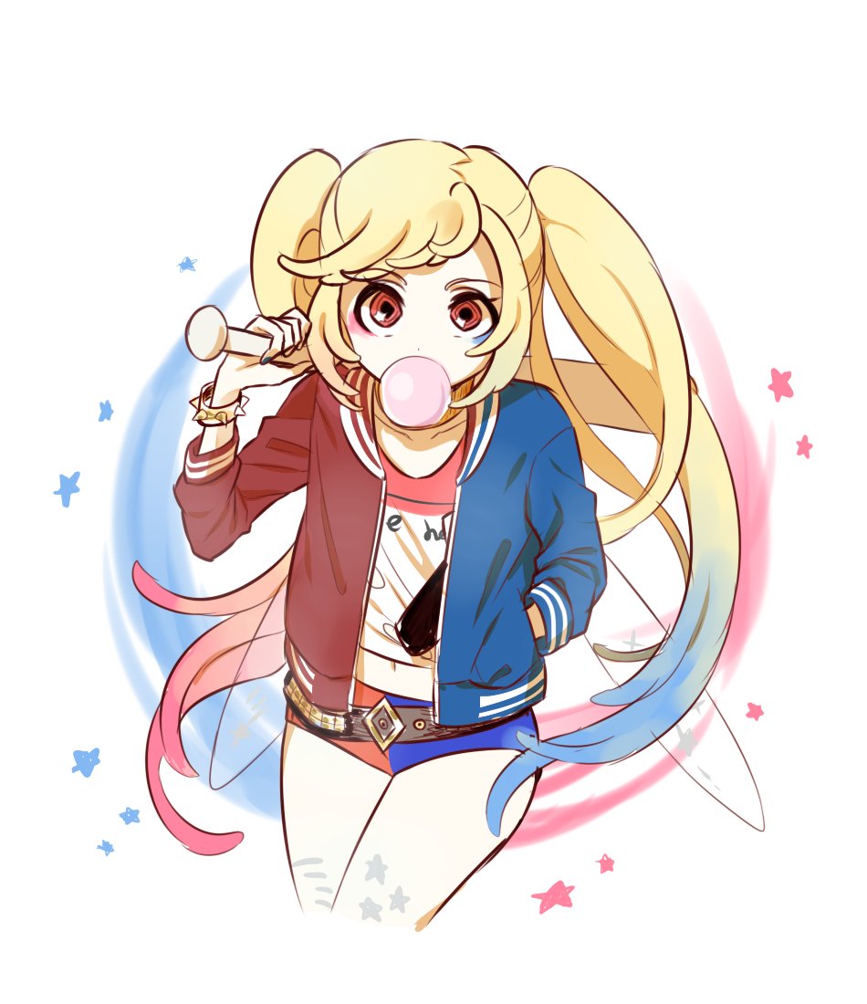1girl, adapted_costume, aliun, alternate_hairstyle, baseball_bat, belt, blonde_hair, blue_hair