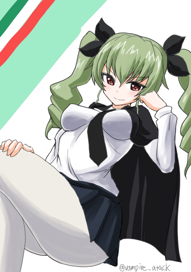 1girl, anchovy, breasts, cape, drill_hair, girls_und_panzer, green_hair, hair_ribbon