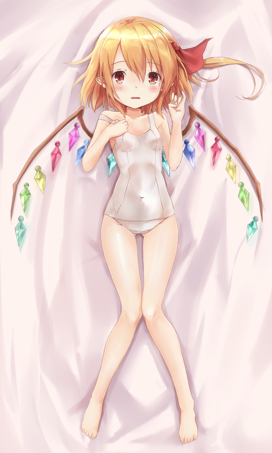 1girl, bare_arms, bare_legs, blonde_hair, blush, covered_navel, crystal, flandre_scarlet