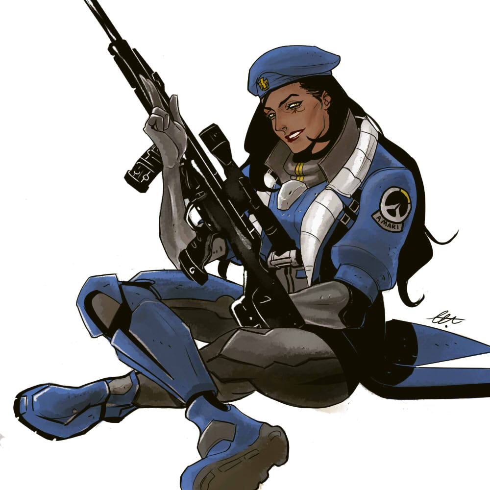 1girl, alternate_costume, ana_(overwatch), beret, black_hair, blue_jacket, brown_eyes, captain_amari, character_name, dark_skin, emblem, facial_mark, facial_tattoo, gloves, gun, hat, holding, holding_gun, holding_weapon, indian_style, jacket, lips, long_hair, looking_at_viewer, marceline2174, nose, overwatch, red_lips, rifle, short_sleeves, signature, simple_background, sitting, smile, sniper_rifle, solo, tattoo, weapon, white_background, younger