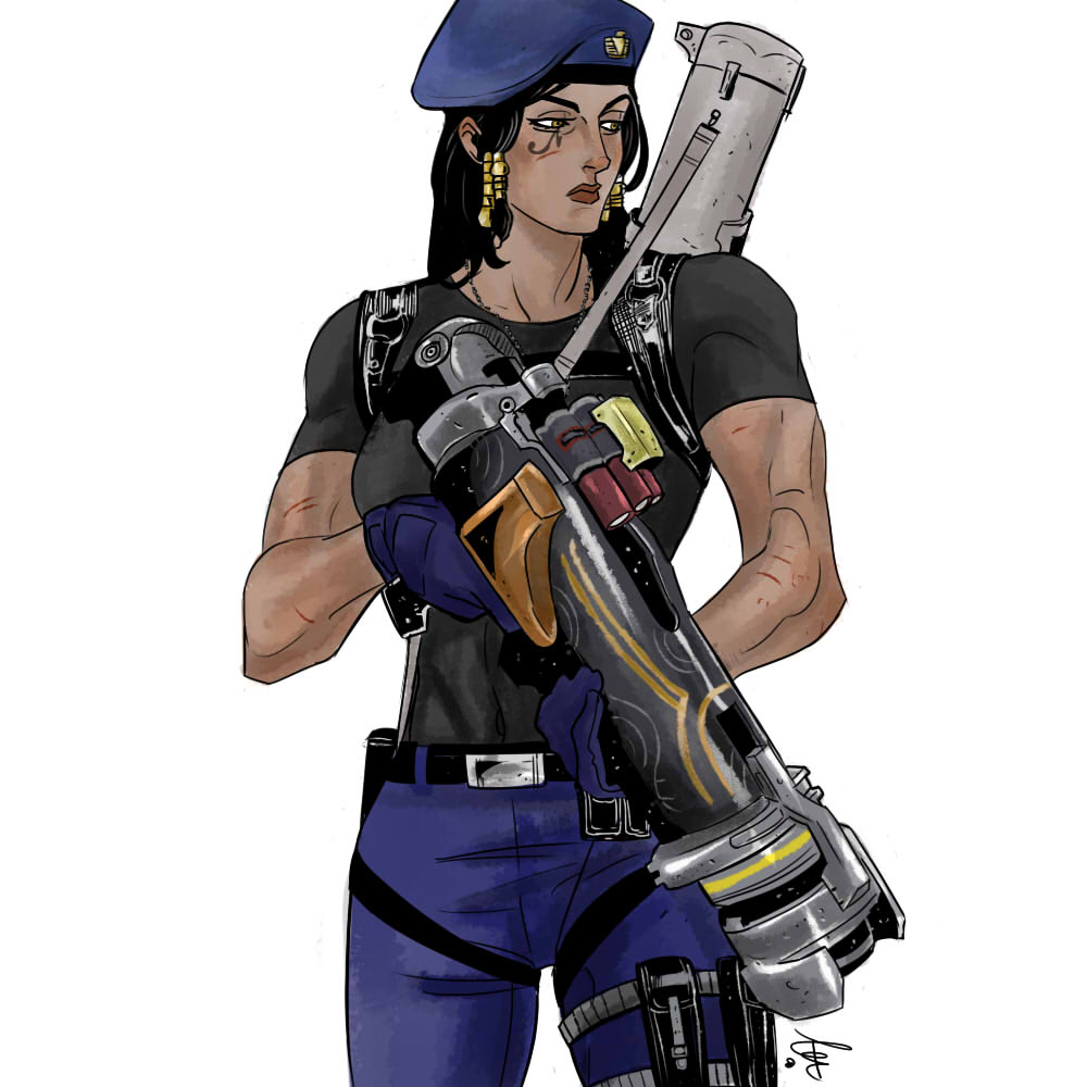 1girl, belt, beret, black_gloves, black_hair, black_shirt, blue_pants, braid