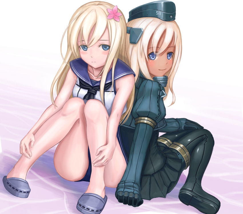 2girls, blonde_hair, blue_eyes, bodysuit, cosplay, costume_switch, crop_top, cropped_jacket