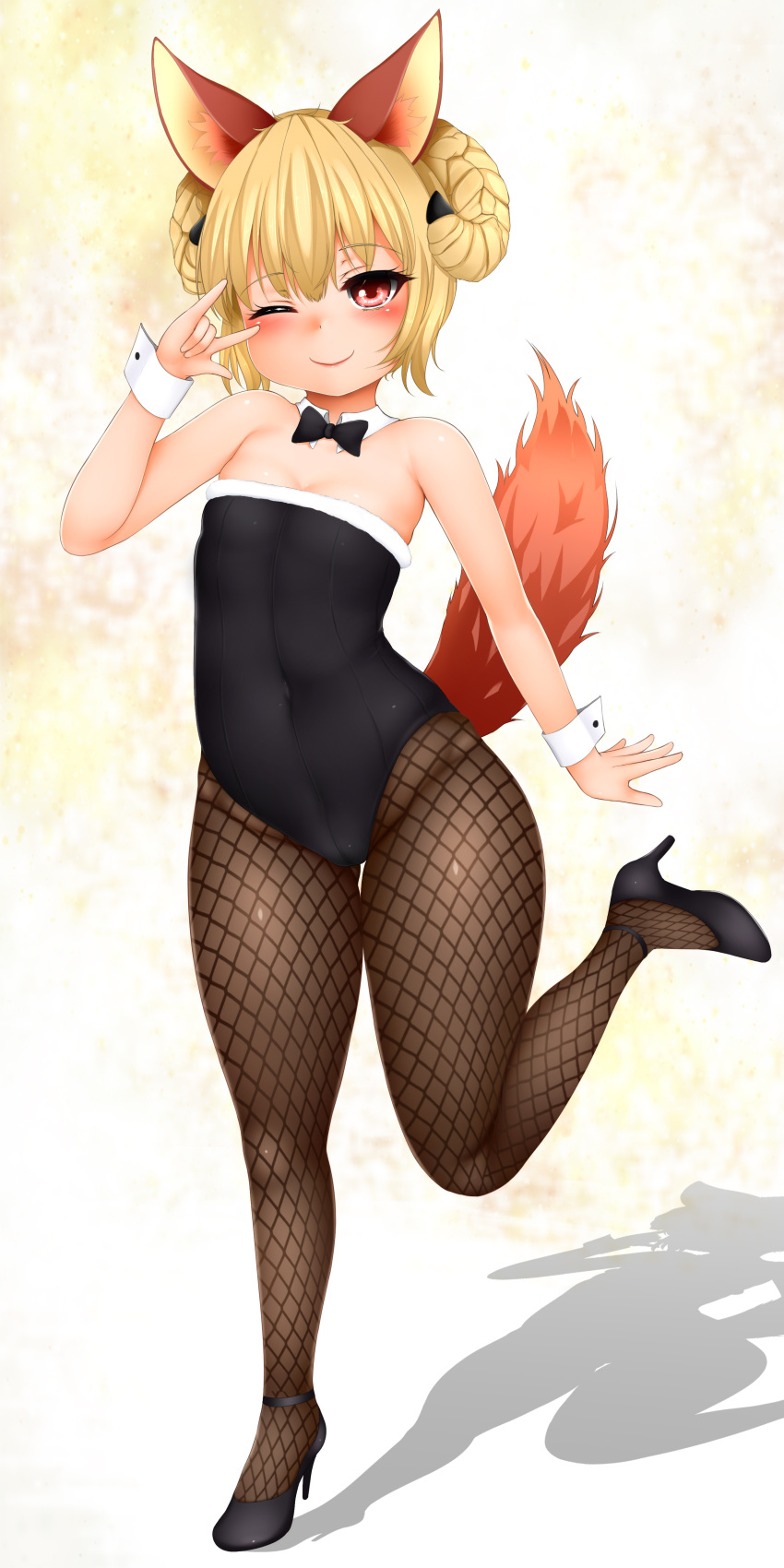 1girl, absurdres, animal_ears, bare_shoulders, blonde_hair, blush, bow, bowtie, braid, collar, cuffs, elin_(tera), fishnet_pantyhose, fishnets, flat_chest, fox_ears, fox_tail, fur_trim, high_heels, highres, leotard, looking_at_viewer, mapar, one_eye_closed, pantyhose, red_eyes, shadow, skindentation, smile, solo, standing, standing_on_one_leg, tail, tera_online, thigh_gap, wrist_cuffs