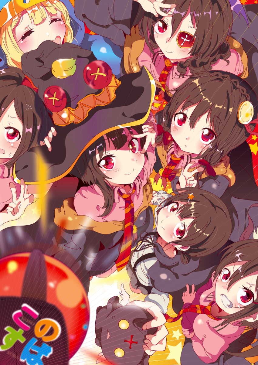 6+girls, aloe_(artist), aloe_(kenkou3733), arue_(konosuba), brown_hair, character_request, chomusuke, from_above