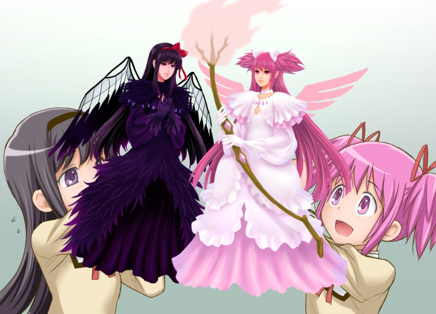 2girls, akemi_homura, akuma_homura, black_dress, black_gloves, black_hair, black_wings, bow_(weapon)
