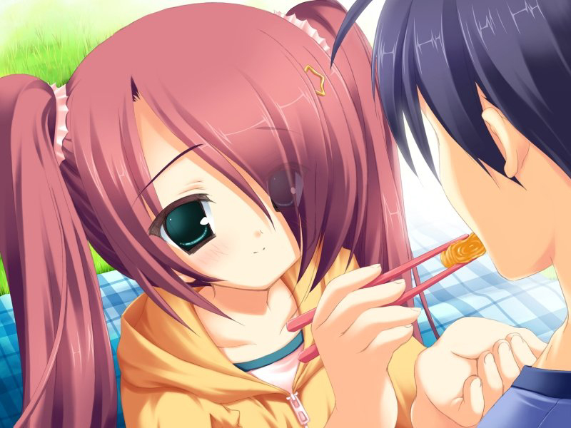 1boy, 1girl, blanket, blue_hair, chopsticks, couple, eating, feeding