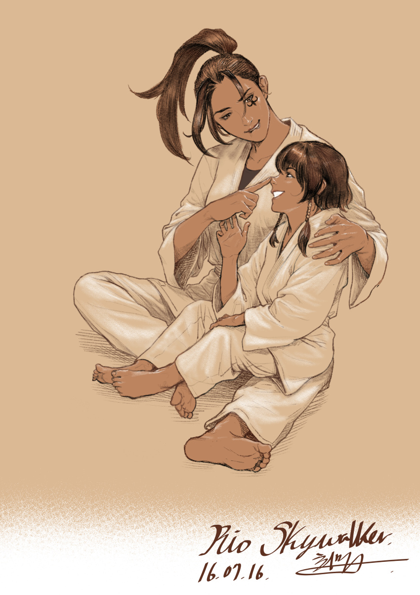 2girls, absurdres, ana_(overwatch), artist_name, barefoot, biting, brown_background, brown_hair