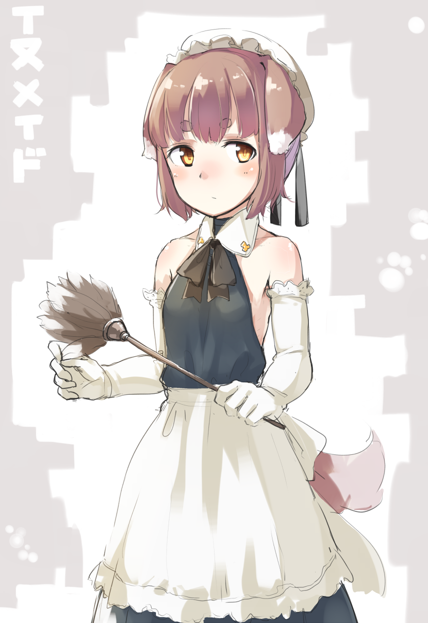 1girl, :/, animal_ears, apron, bare_shoulders, black_ribbon, blush, brown_eyes, brown_hair, closed_mouth, detached_collar, dog_ears, dog_tail, dress, elbow_gloves, eyebrows, feather_duster, gloves, hat, highres, holding, maid, neck_ribbon, nose_blush, original, ribbon, short_hair, sketch, sleeveless, sleeveless_dress, solo, tail, thick_eyebrows, u_(mikaduki0720), waist_apron, white_gloves, white_hat