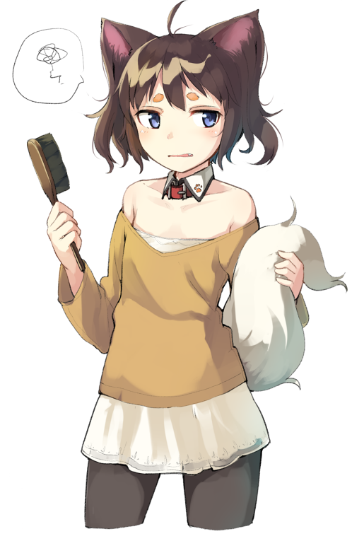 1girl, ahoge, animal_ears, bare_shoulders, black_legwear, blue_eyes, blush, brown_hair, collar, collarbone, cowboy_shot, cropped_legs, detached_collar, eyebrows, fang, flat_chest, fox_ears, fox_tail, hair_brush, holding, long_sleeves, off-shoulder_shirt, open_mouth, orange_shirt, original, pantyhose, paw_print, shirt, short_eyebrows, short_hair, simple_background, skirt, solo, spoken_squiggle, squiggle, tail, thick_eyebrows, u_(mikaduki0720), white_background, white_skirt