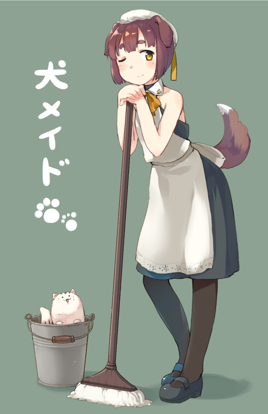 1girl, ;), animal_ears, apron, bare_shoulders, black_legwear, blue_shoes, blush, brown_eyes, brown_hair, bucket, dog_ears, dog_tail, dress, eyebrows, full_body, green_background, hat, head_tilt, maid, mary_janes, mop, one_eye_closed, original, pantyhose, shoes, short_hair, simple_background, sleeveless, sleeveless_dress, smile, solo, standing, tail, thick_eyebrows, u_(mikaduki0720), white_hat