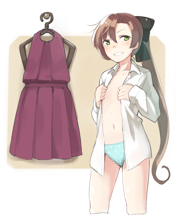 1girl, akigumo_(kantai_collection), black_ribbon, blue_panties, blush, brown_hair, clothes_hanger, collared_shirt