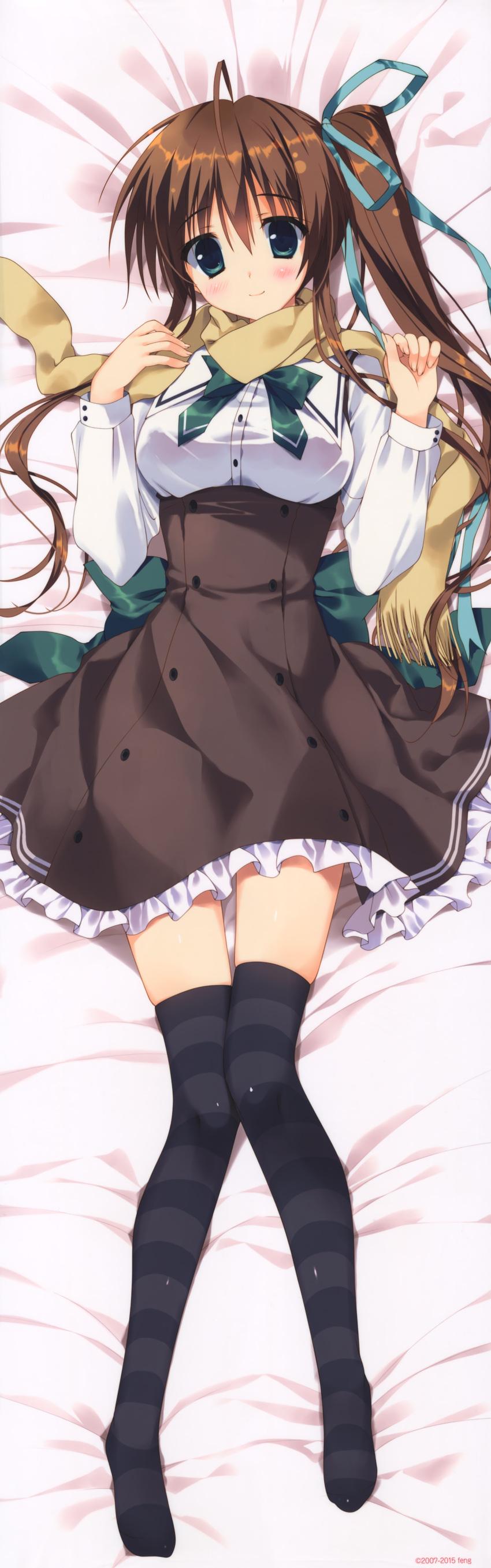 1girl, absurdres, ahoge, akane-iro_ni_somaru_saka, bed_sheet, black_legwear, blue_eyes, blush