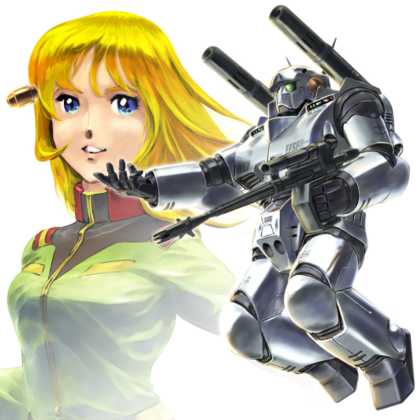 1girl, 70s, 80s, beam_rifle, blonde_hair, blue_eyes, boots, breasts