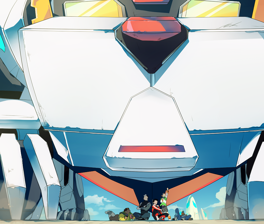 1girl, 4boys, black_hair, brown_hair, crossed_arms, hunk_(voltron), hyakujuu-ou_golion, indian_style, keith_(voltron), kuro-jishi_(golion), lance_(voltron), lying, mecha, multiple_boys, on_back, on_stomach, pidge_gundarsson, pointing, pointing_up, reverse_trap, sitting, size_difference, t_k_g, takashi_shirogane, voltron:_legendary_defender