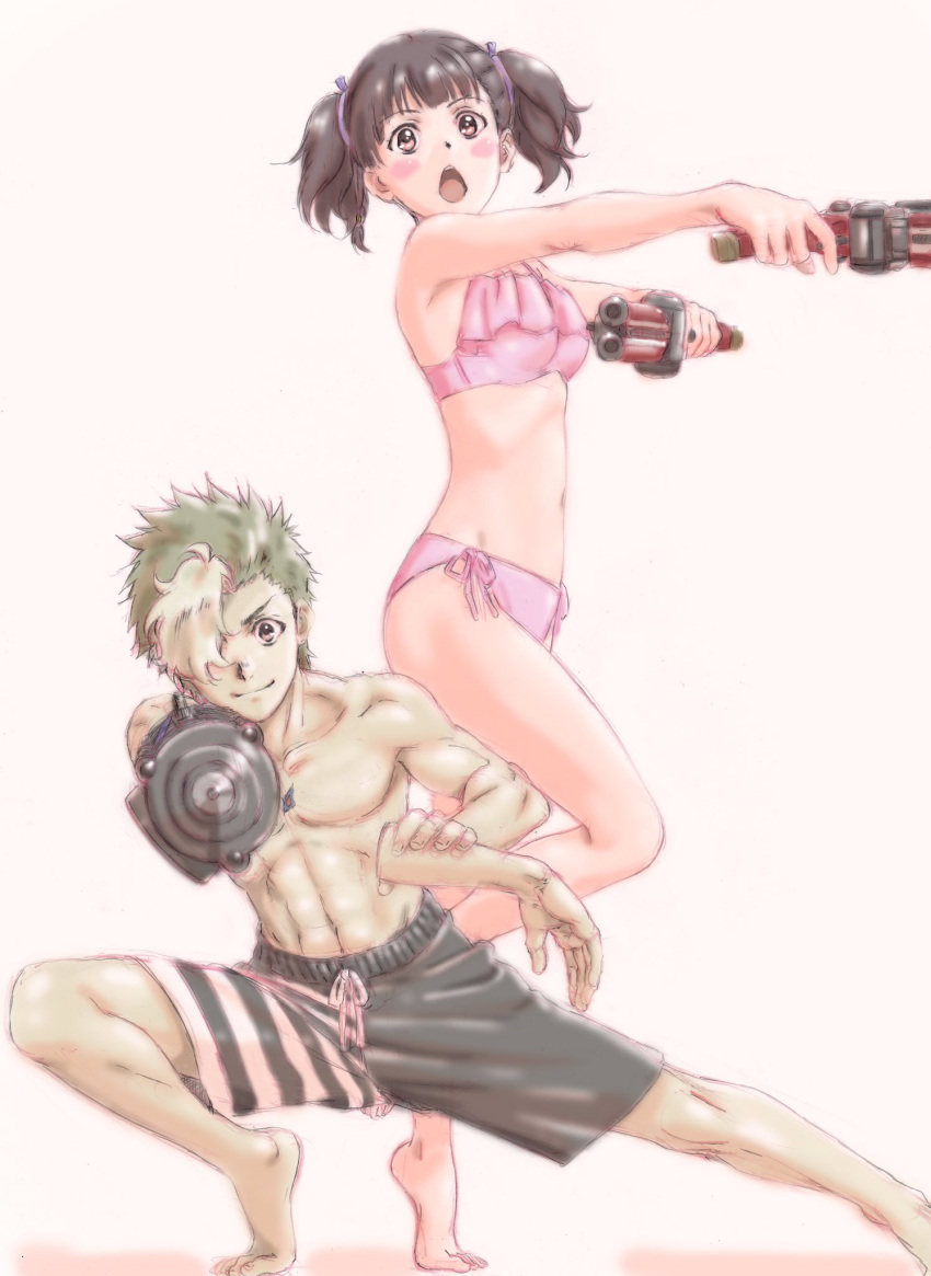 >:), 1boy, 1girl, alternate_hairstyle, asano_kyouji, barefoot, bikini, blush_stickers, breasts, dual_wielding, from_side, hair_over_one_eye, hair_ribbon, highres, ikoma_(kabaneri), jpeg_artifacts, koutetsujou_no_kabaneri, male_swimwear, mumei_(kabaneri), navel, official_art, open_mouth, pink_bikini, ribbon, shirtless, side-tie_bikini, simple_background, standing, standing_on_one_leg, swim_trunks, swimsuit, swimwear, twintails, water_gun