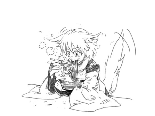1girl, animal_ears, eating, female, food, inubashiri_momiji, messy, monochrome