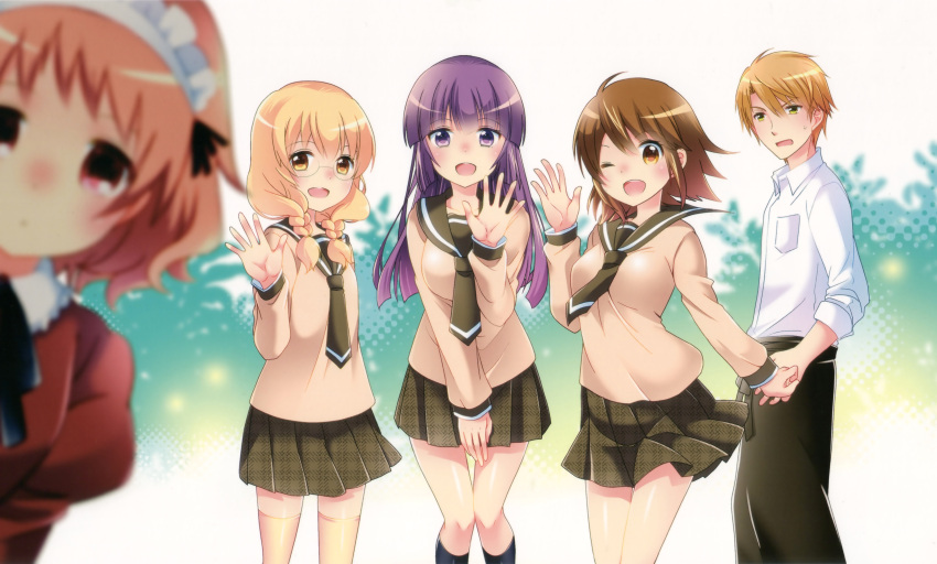 1boy, 4girls, :d, ;d, absurdres, arai_cherry, beige_shirt, black_legwear