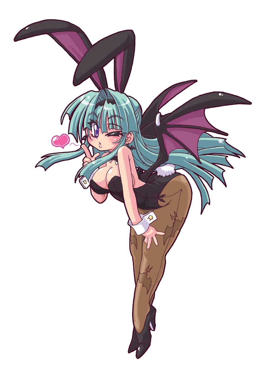 bat_wings, blown_kiss, brown_pantyhose, bunny_ears, bunnysuit, flying_kiss, great_magami, green_hair, heart, highres, leaning_forward, long_hair, morrigan_aensland, pantyhose, perfection, print_pantyhose, purple_eyes, rabbit_ears, vampire_(game), violet_eyes, wings, wink