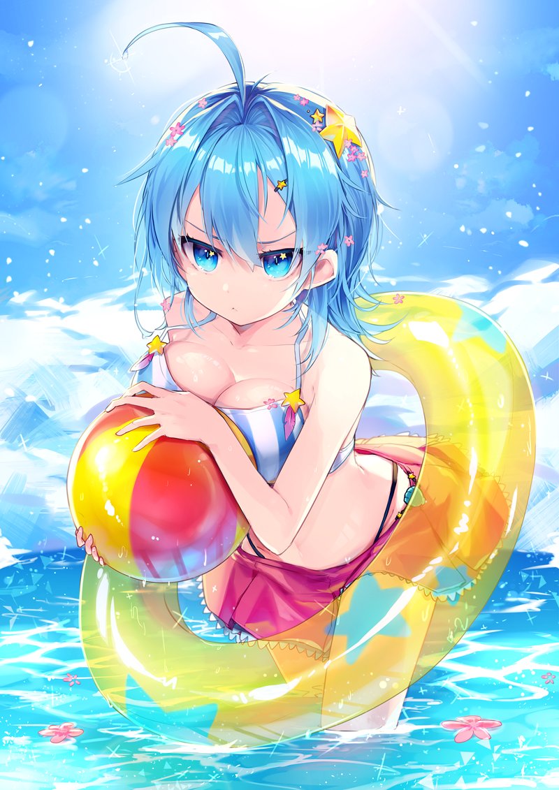 1girl, :<, ahoge, ball, beachball, blue_hair, breasts, cleavage