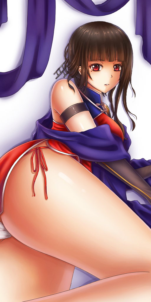 1girl, arm_belt, ass, bangs, blunt_bangs, breasts, brown_hair, china_dress