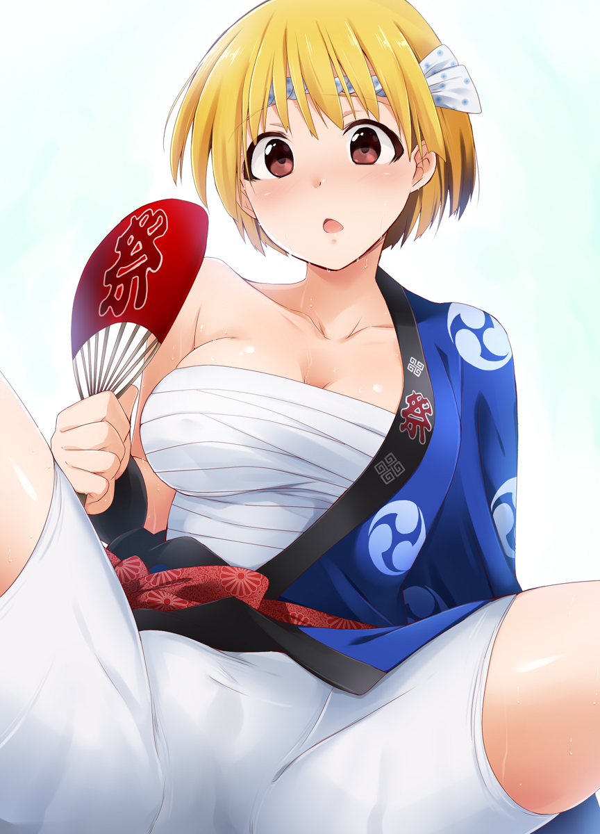 1girl, bangs, bare_shoulders, blonde_hair, blush, breasts, brown_eyes, chestnut_mouth