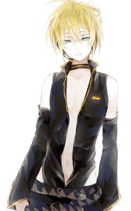 1boy, bare_shoulders, belt, blonde_hair, blue_eyes, choker, collarbone, detached_sleeves
