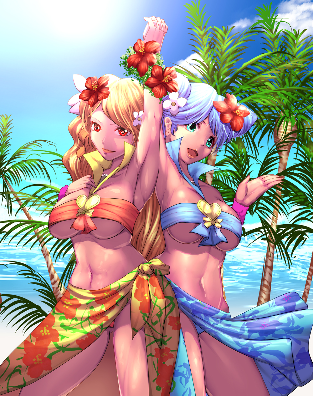 2girls, beach, blonde_hair, blue_eyes, blue_hair, blue_skirt, breasts, cure_sunset, cure_wave, double_bun, earrings, flower, hair_flower, hair_ornament, hand_holding, happinesscharge_precure!, harihisa, highres, interlocked_fingers, jewelry, large_breasts, lips, long_hair, magical_girl, multiple_girls, navel, ohana_(happinesscharge_precure!), open_mouth, orange_hair, orina_(happinesscharge_precure!), outdoors, palm_tree, precure, sarong, skirt, smile, swimsuit, tan, tree, under_boob, water