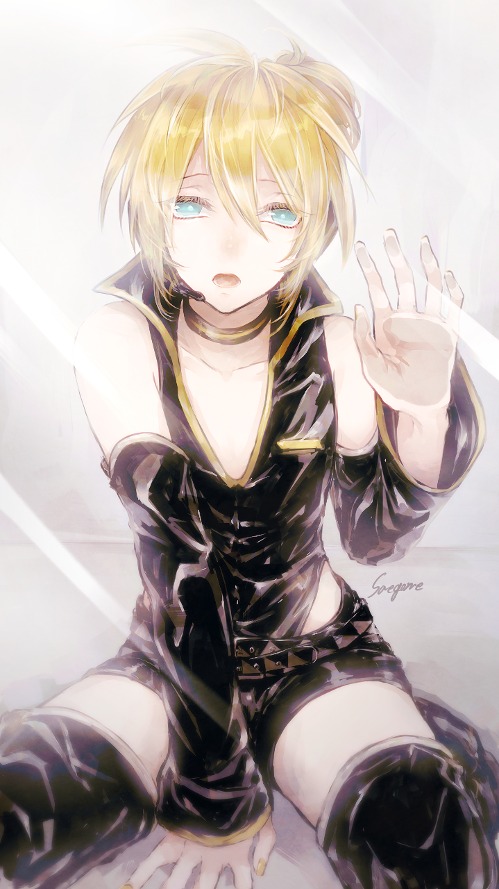 1boy, artist_name, bare_shoulders, belt, blonde_hair, blue_eyes, boots, choker