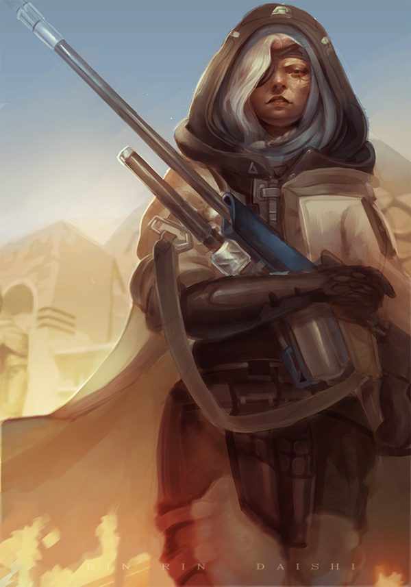 1girl, ana_(overwatch), cowboy_shot, eyepatch, gun, hijab, hood, looking_at_viewer