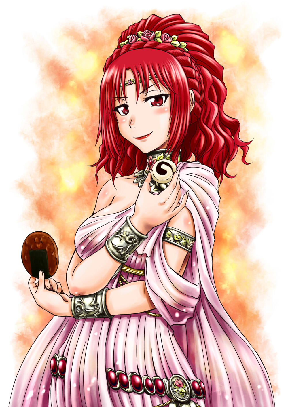 1girl, armband, armlet, asymmetrical_clothes, bangs, blush, bracelet, bracer