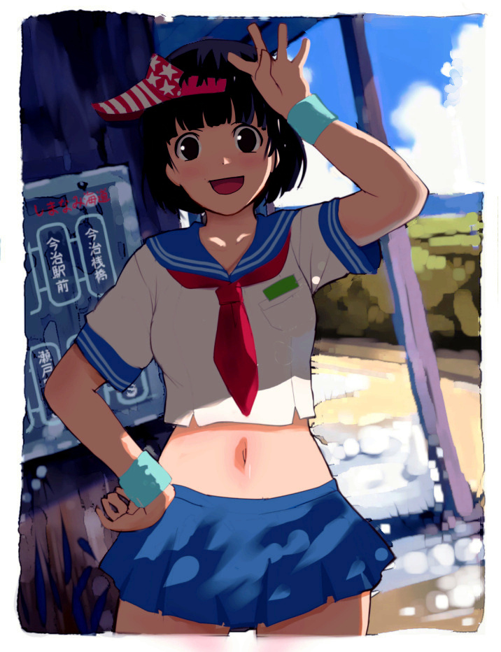 black_hair, blush, inumaroboya, inumaru_(sougen_no_marogoya), midriff, necktie, school_uniform, short_hair