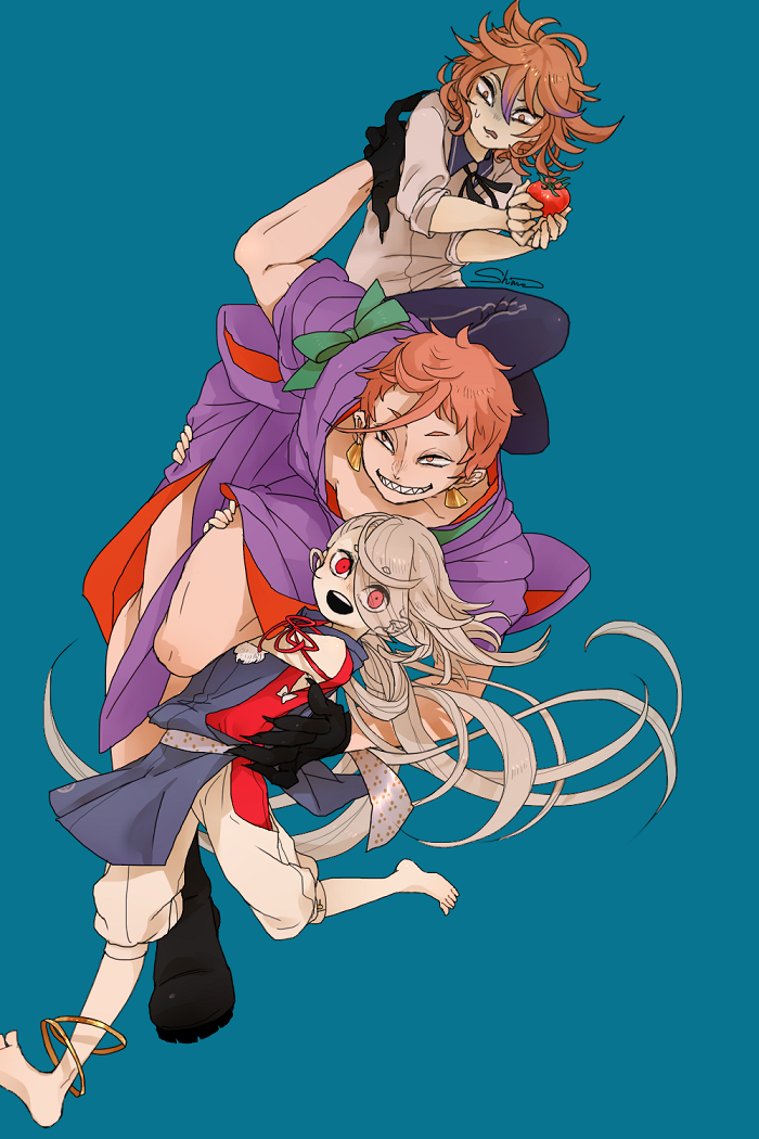 3boys, anklet, barefoot, black_gloves, brown_eyes, brown_hair, carrying, earrings