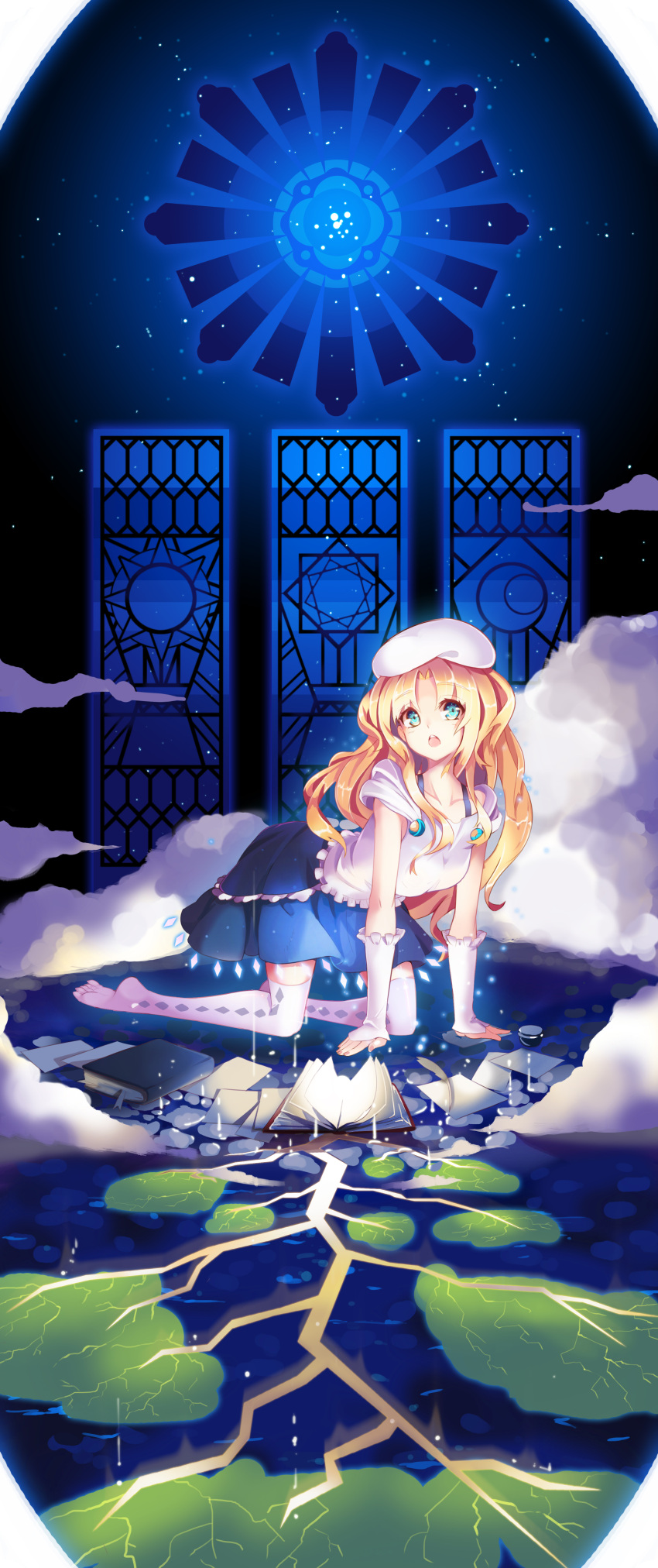 1girl, absurdres, all_fours, blue_skirt, book, collar, green_eyes, hat