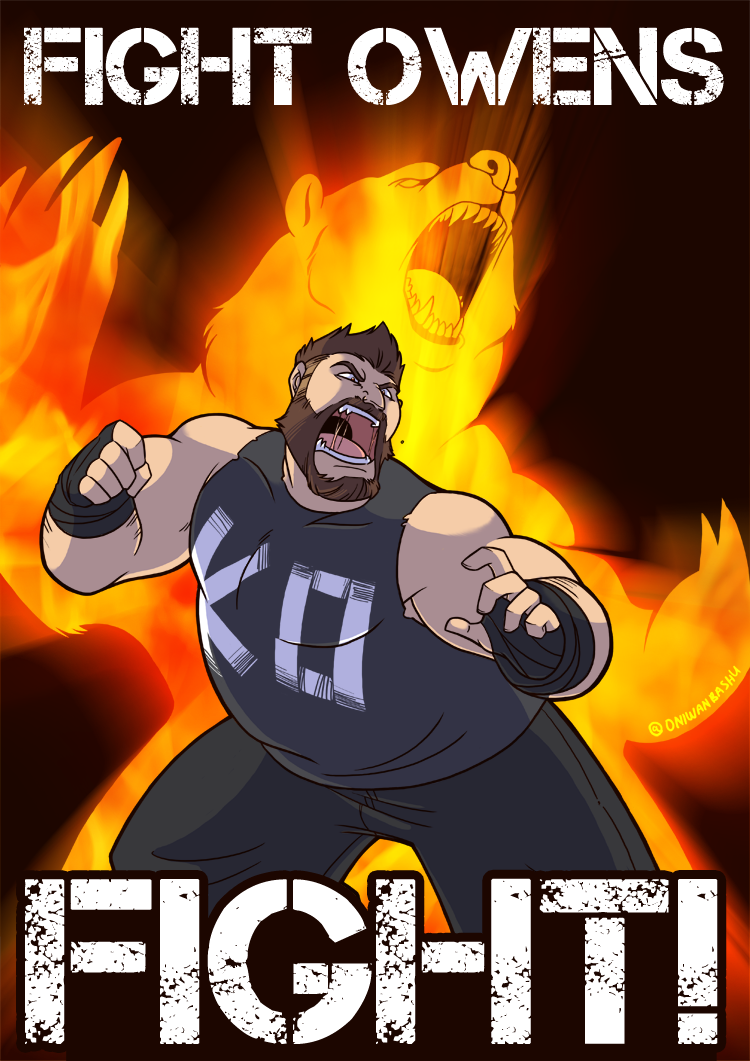 1boy, artist_name, aura, bandage, bear, beard, brown_hair, character_name, claws, english, facial_hair, fangs, fighting_stance, kevin_owens, muscle, nadia_fazilla, pants, real_life, red_eyes, short_hair, sleeveless, wwe