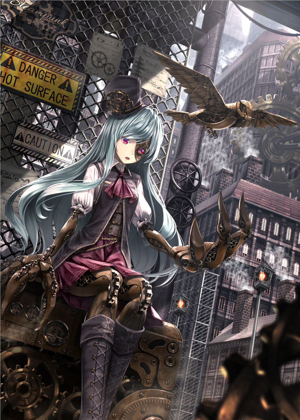 1girl, aqua_hair, blurry, boots, brick, buckle, building, clock