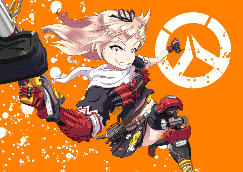 >:d, 1girl, :d, blonde_hair, commentary, crazy_eyes, crazy_smile, gloves, grenade_launcher, grin, highres, junkrat_(overwatch), kantai_collection, open_mouth, overwatch, prosthesis, prosthetic_arm, prosthetic_leg, red_eyes, remodel_(kantai_collection), s1k_bo1, smile, solo, torpedo, weapon, wide-eyed, yuudachi_(kantai_collection)