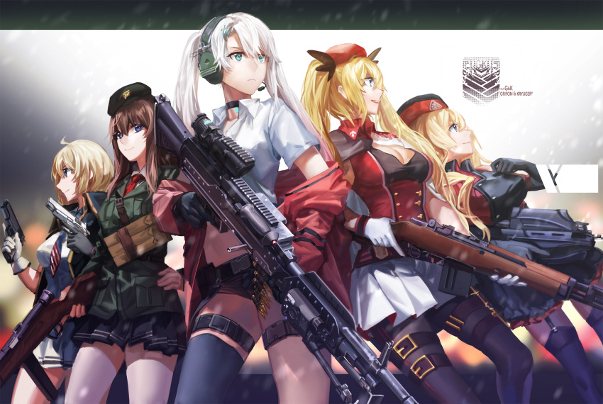 5girls, aqua_eyes, assault_rifle, bangs, belt, belt_buckle, beretta_model_38, beretta_model_38_(girls_frontline), black_gloves, black_hat, black_legwear, black_shorts, black_skirt, blonde_hair, blue_eyes, blurry, bm59_(girls_frontline), breasts, brown_hair, buckle, bullet, bullpup, capelet, cartridge, choker, cleavage, closed_mouth, collared_shirt, crop_top, depth_of_field, double-breasted, dress_shirt, dual_wielding, f2000_(girls_frontline), fingerless_gloves, garter_straps, girls_frontline, gloves, gun, hair_between_eyes, hair_ornament, hairclip, hand_on_hip, handgun, hat, headphones, headset, highres, holding, holding_gun, holding_weapon, jacket, large_breasts, long_hair, lwmmg_(girls_frontline), m1911, m1911_(girls_frontline), machine_gun, medium_breasts, microphone, midriff, miniskirt, motion_blur, multiple_girls, necktie, off_shoulder, pantyhose, pistol, pleated_skirt, pocket, profile, red_hat, red_jacket, red_necktie, rff_(3_percent), rifle, shade, shirt, short_hair, short_shorts, short_sleeves, shorts, side-by-side, single_thighhigh, skirt, smile, snap-fit_buckle, snowing, star, striped, striped_necktie, submachine_gun, thigh-highs, thigh_strap, trigger_discipline, twintails, weapon, white_gloves, white_hair, white_legwear, white_shirt, white_skirt, zettai_ryouiki