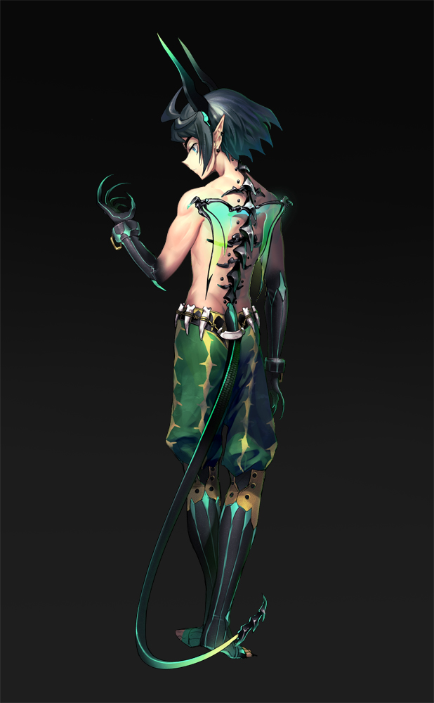 1boy, ahoge, arm_at_side, black_background, black_gloves, black_hair, blue_eyes, closed_mouth, demon_boy, earrings, from_behind, full_body, gloves, green_pants, gundam, gundam_tekketsu_no_orphans, horns, jewelry, liusang, male_focus, mikazuki_augus, no_shoes, pants, pointy_ears, profile, shirtless, simple_background, solo, spine, standing, tail, toeless_legwear