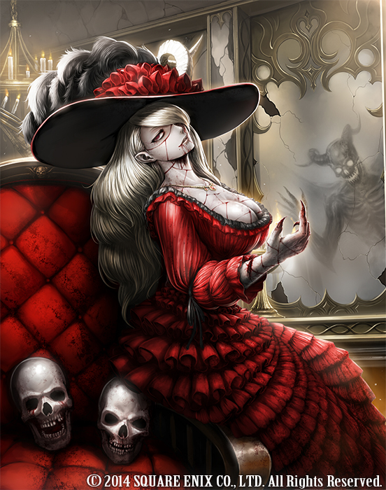 1girl, blood, breasts, candle, chair, cleavage, dress, grey_skin