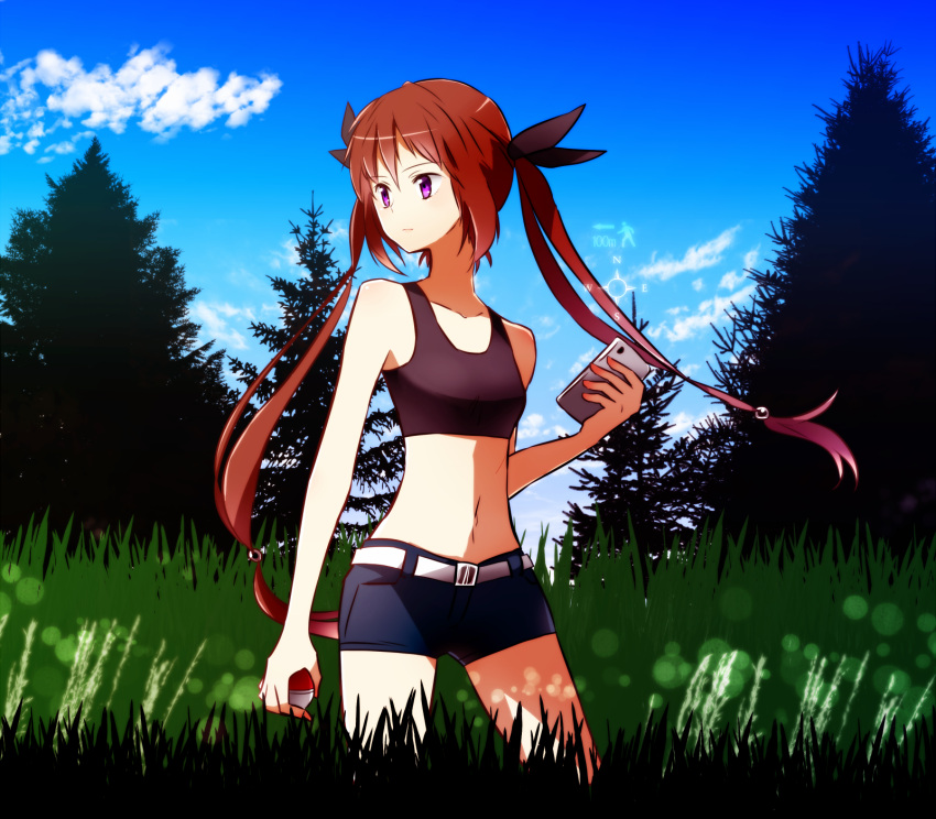 10s, 1girl, belt, brown_hair, cellphone, clouds, compass, crop_top