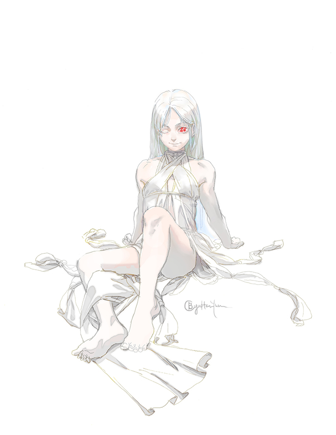 1girl, albino, artist_name, b.c.n.y., barefoot, cleavage_cutout, feet, female, full_body, kumo-chan, kumo_desu_ga_nani_ka?, long_hair, one_eye_closed, pale_color, pale_skin, reclining, red_eyes, simple_background, solo, spoilers, white_background, white_hair